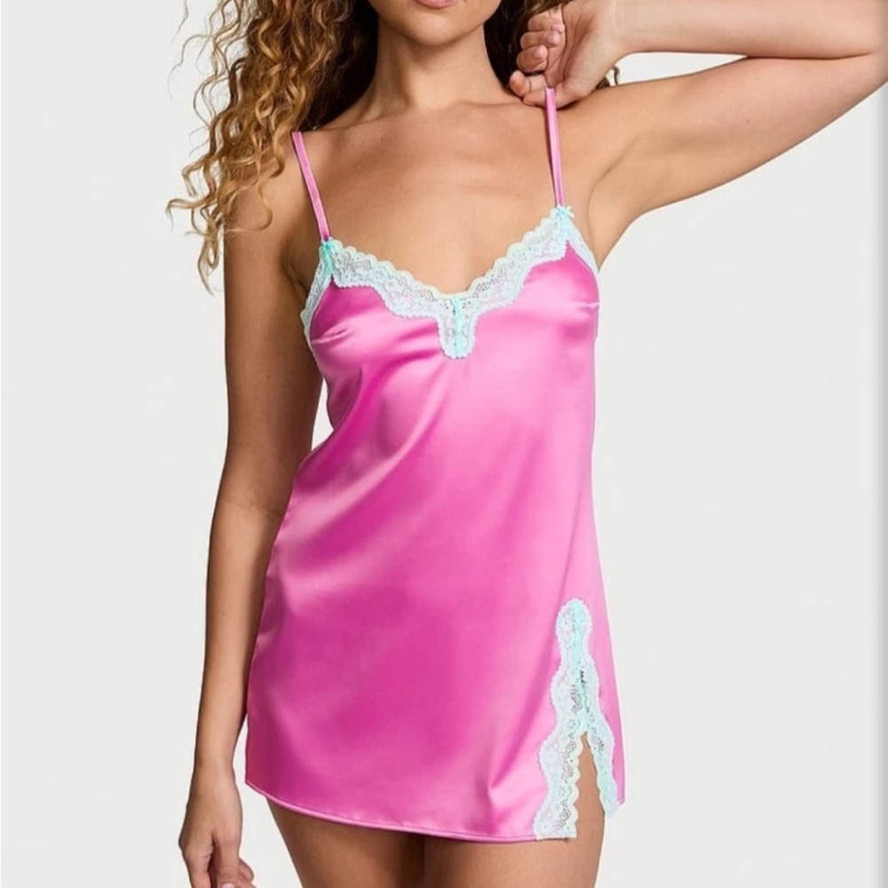 Victoria's Secret Pink Satin Chemise with Lace Accents